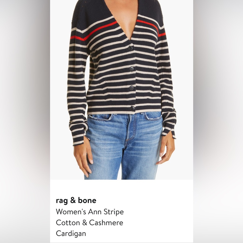 Rag & Bone Ann Stripe Cotton & Cashmere Cardigan Sweater, XS